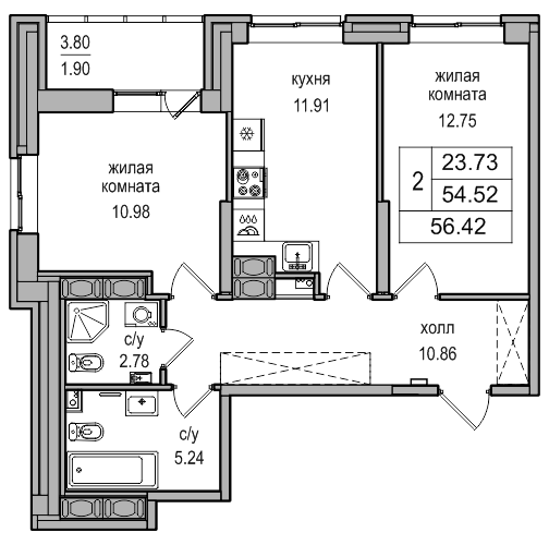 Двухкомнатный апартамент 56.42 м²