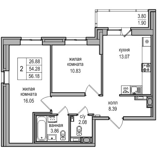 Двухкомнатный апартамент 56.18 м²