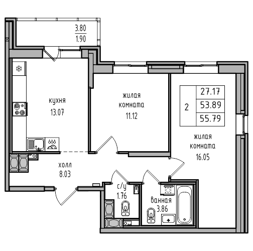 Двухкомнатный апартамент 55.79 м²