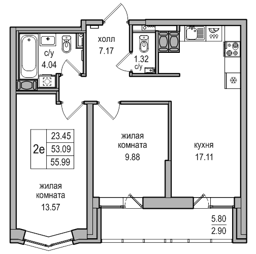 Трёхкомнатный апартамент 55.99 м²