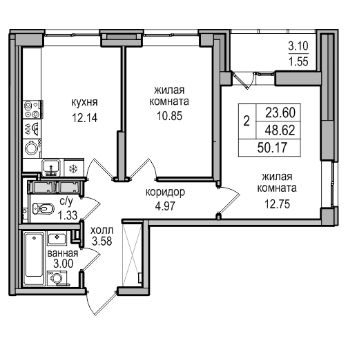 Двухкомнатный апартамент 50.17 м²