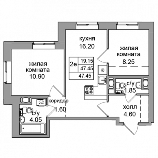 Двухкомнатный апартамент 46.5 м²